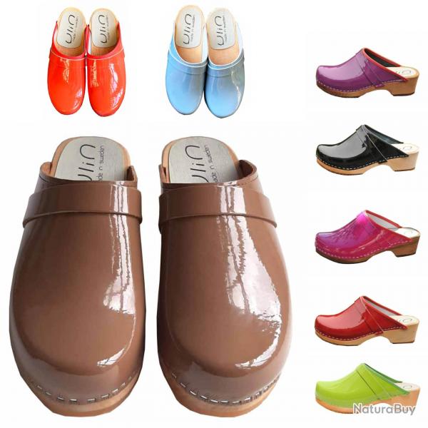 Sabot femme sudois bois et cuir vernis 38 vernis marron glac