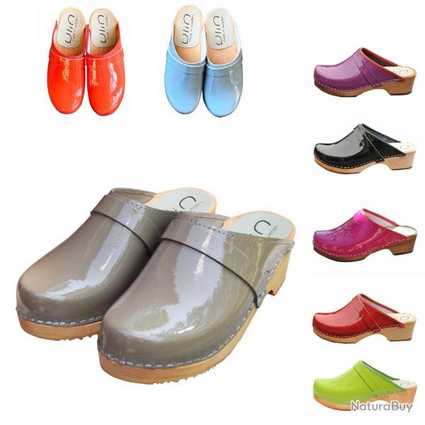 Sabot femme sudois bois et cuir vernis vernis marron glac