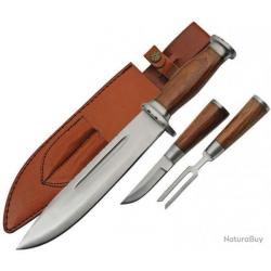 Lot de couteau Bowie de chasse plus fourchette avec étui en cuir