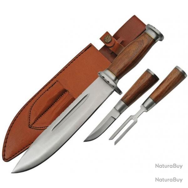 Lot de couteau Bowie de chasse plus fourchette avec tui en cuir