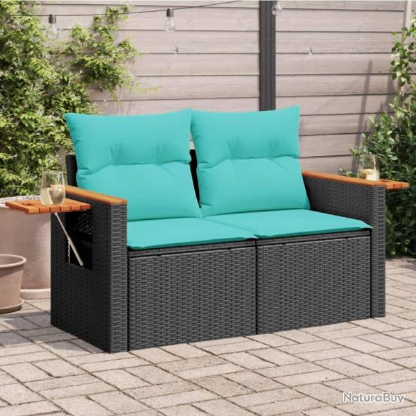 Canap de jardin avec coussins 2 places en rsine tresse noire