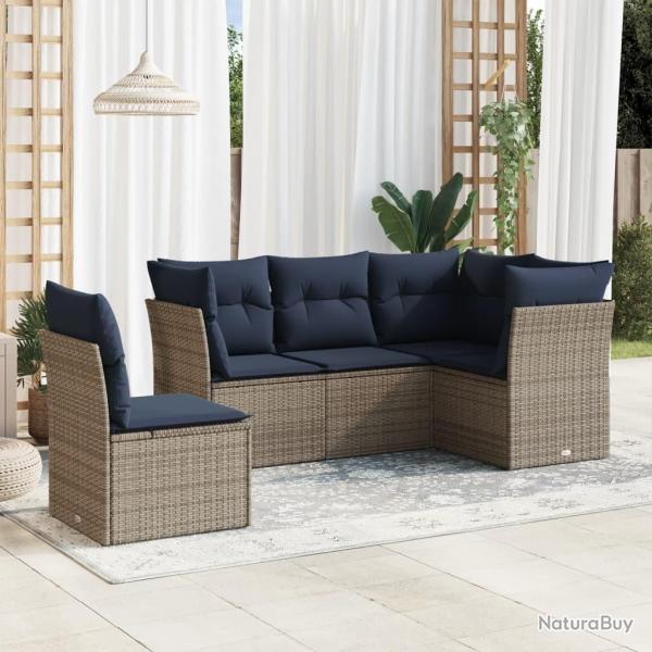 Salon de jardin 5 pcs avec coussins gris rsine tresse