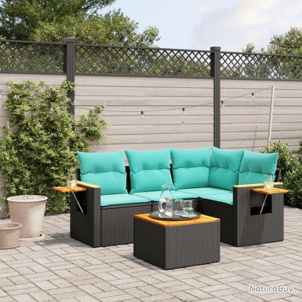 Salon de jardin 5 pcs avec coussins noir rsine tresse