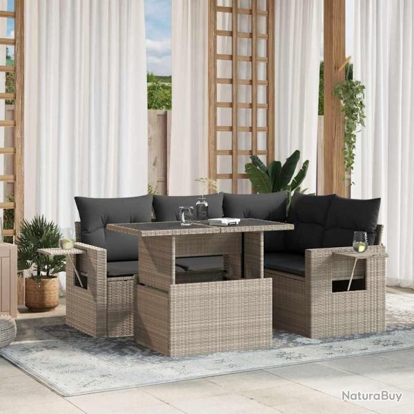 Salon de jardin 5 pcs avec coussins gris clair rsine tresse