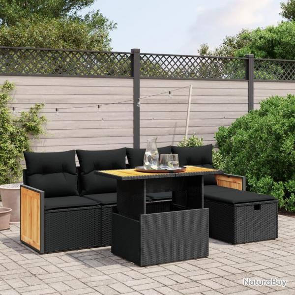 Salon de jardin 6 pcs avec coussins noir rsine tresse