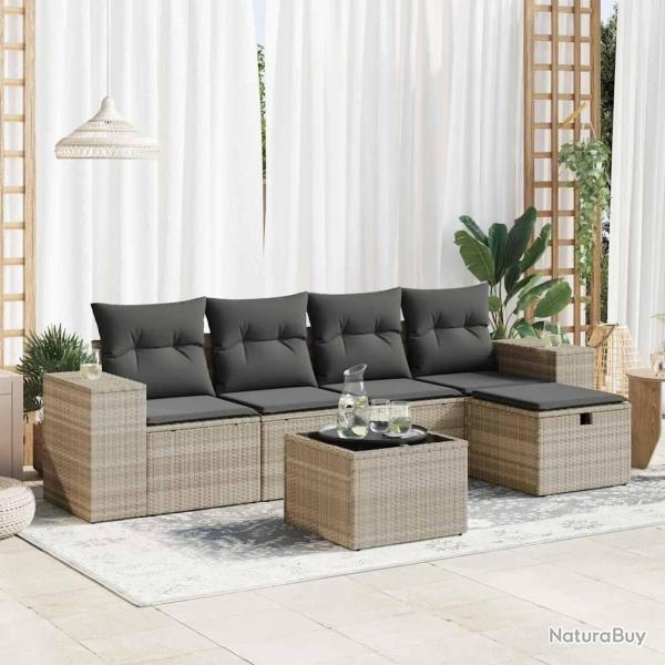 Salon de jardin 6 pcs avec coussins gris clair rsine tresse