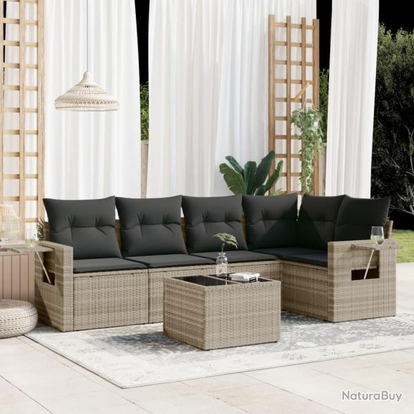 Salon de jardin 6 pcs avec coussins gris clair rsine tresse