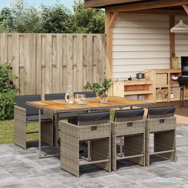 Ensemble  manger de jardin et coussins 7 pcs gris rotin