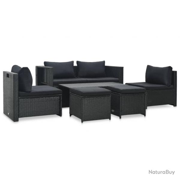 Salon de jardin 6 pcs avec coussins rsine tresse noir