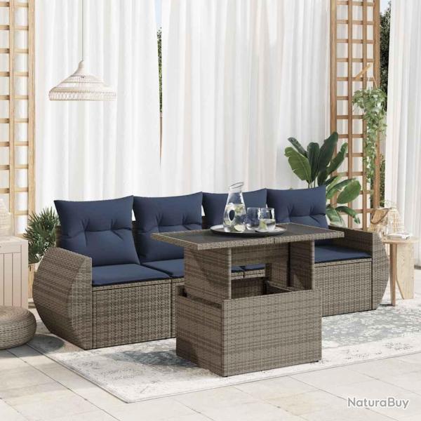 Salon de jardin 5 pcs avec coussins gris rsine tresse acacia