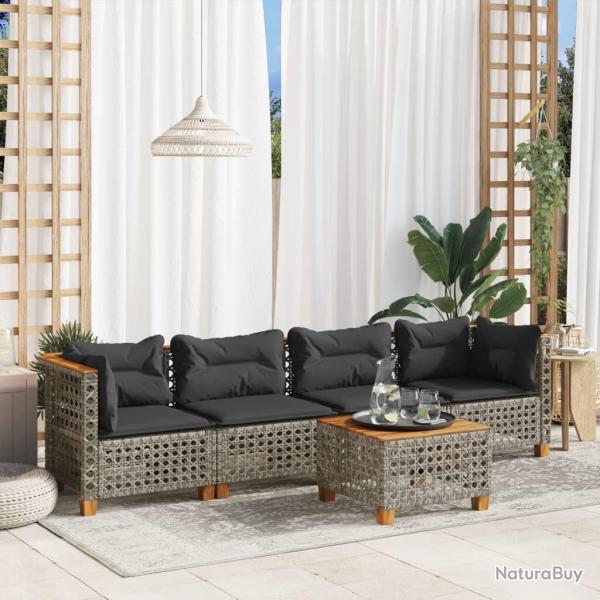 Salon de jardin 5 pcs avec coussins gris rsine tresse
