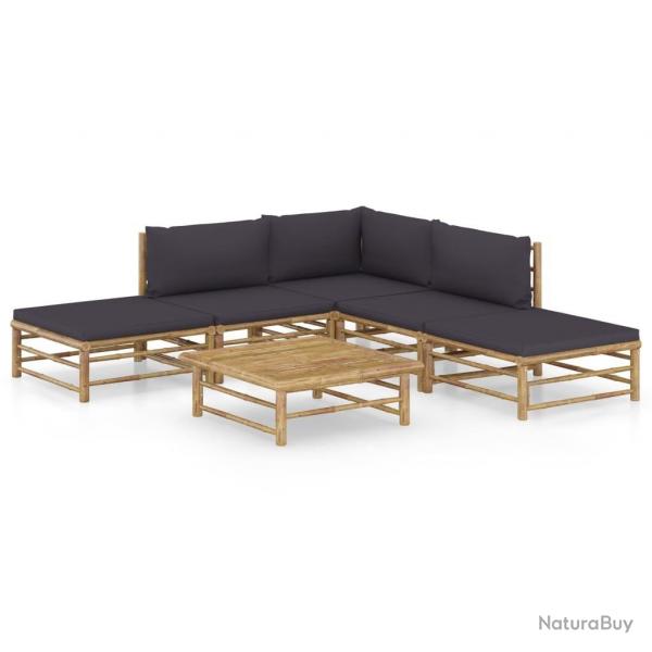 Salon de jardin 6 pcs avec coussins gris fonc bambou