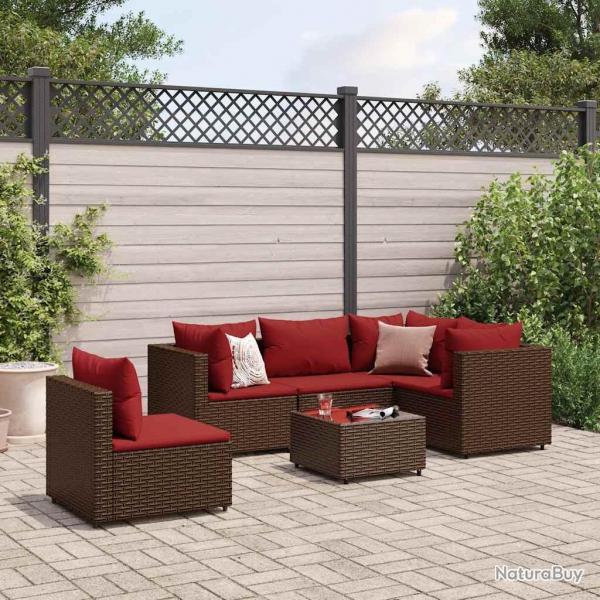 Salon de jardin 6 pcs avec coussins Marron Rsine tresse