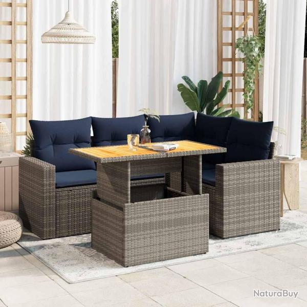 Salon de jardin 5 pcs avec coussins gris rsine tresse