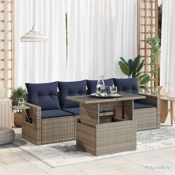 Salon de jardin 5 pcs avec coussins noir rsine tresse acacia