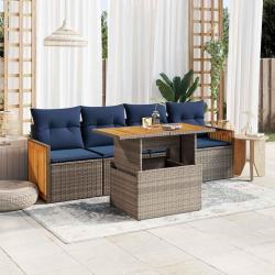 Salon de jardin 5 pcs avec coussins gris résine tressée acacia