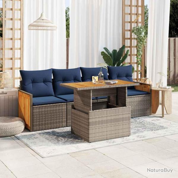 Salon de jardin 5 pcs avec coussins gris rsine tresse acacia