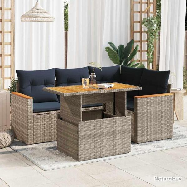 Salon de jardin 5 pcs avec coussins gris rsine tresse