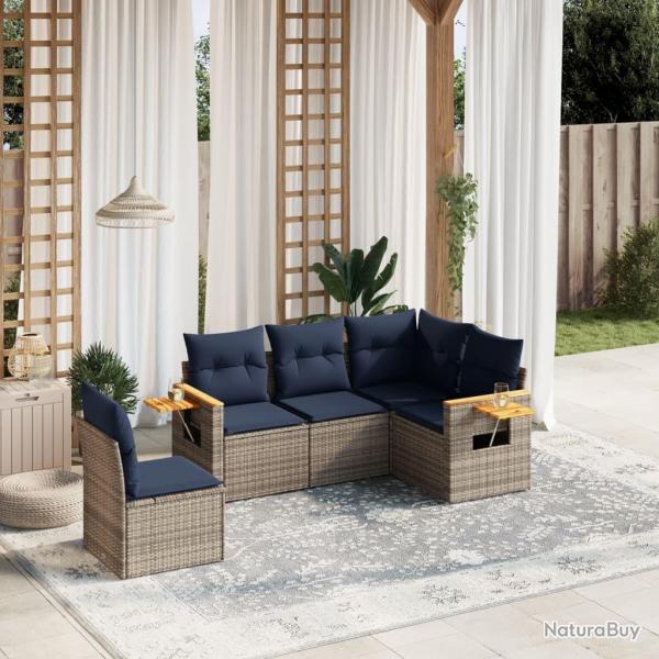 Salon de jardin 5 pcs avec coussins gris rsine tresse
