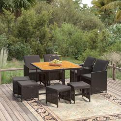 Ensemble à manger de jardin coussins 9pcs Résine tressée Noir