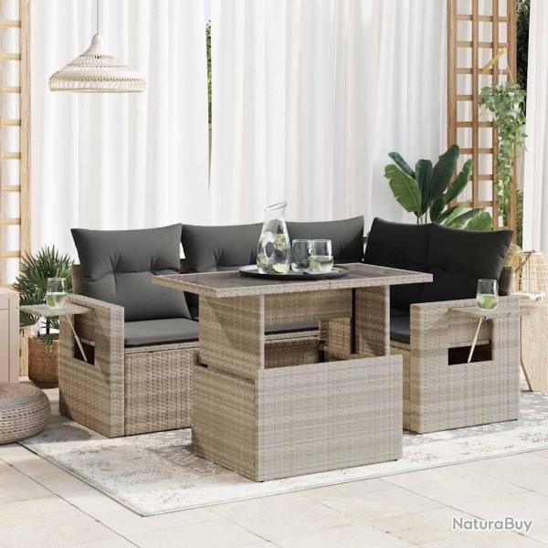 Salon de jardin 5 pcs avec coussins gris clair rsine tresse