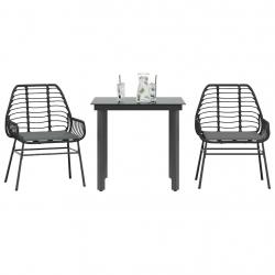 Ensemble à manger de jardin et coussins 3 pcs noir rotin verre