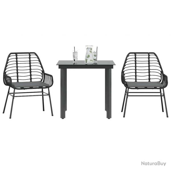 Ensemble  manger de jardin et coussins 3 pcs noir rotin verre