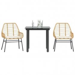 Ensemble à manger jardin coussins 3pcs marron poly rotin verre