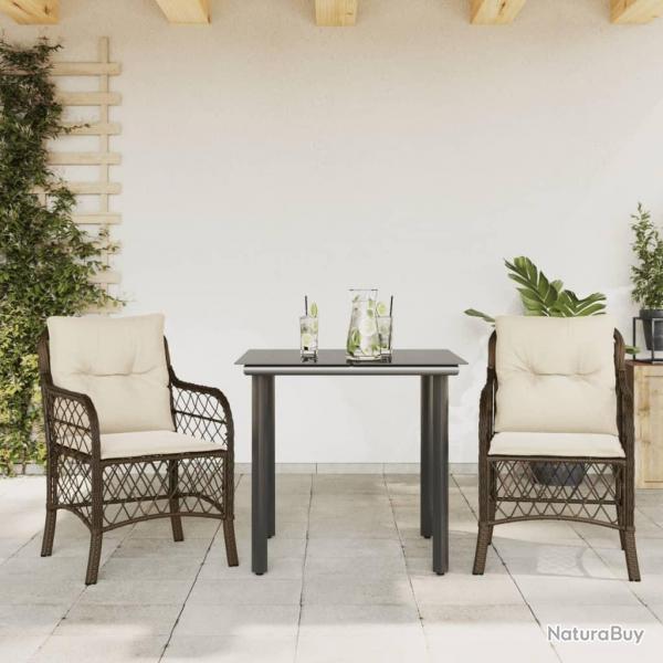 Ensemble de bistro 3 pcs avec coussins marron rsine tresse