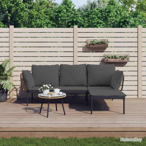 Salon de jardin 3 pcs avec coussins gris fonc rsine tresse