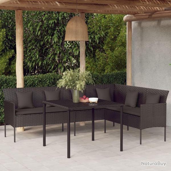 Canap de jardin en forme de L et coussins noir rsine tresse