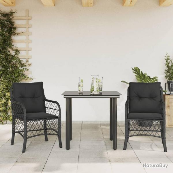 Ensemble de bistro 3 pcs avec coussins noir rsine tresse