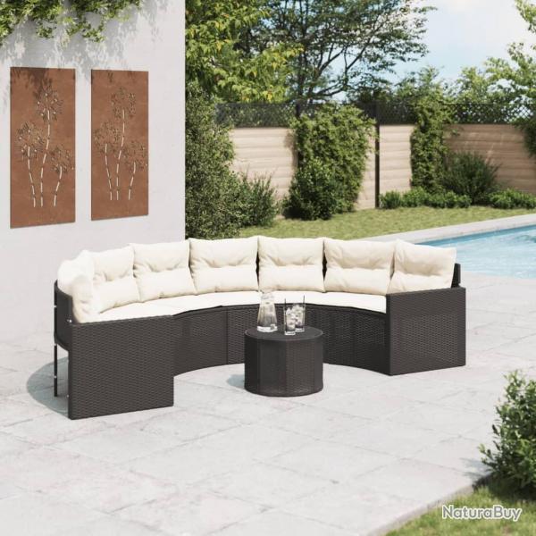 Canap de jardin table coussins demi-rond noir rsine tresse