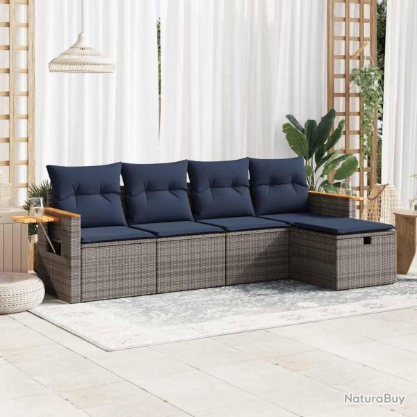 Salon de jardin 5 pcs avec coussins gris rsine tresse