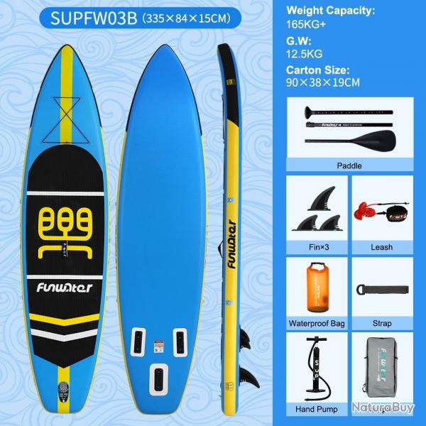 Planche de Paddle Gonflable SUP 350lbs - Accessoires Complets Lger 7kg Yoga Randonne Bleu