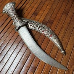 TRÈS BEAU POIGNARD KANDJAR INDO-PERSAN EMPIRE OTTOMAN GRAVURES ARGENT ET LAME DAMAS