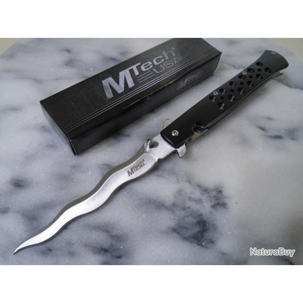 Couteau Semi Automatique MTech Kriss Lame Wavy Acier 3Cr13MoV Satin Manche Alu Anodis Noir Linerloc