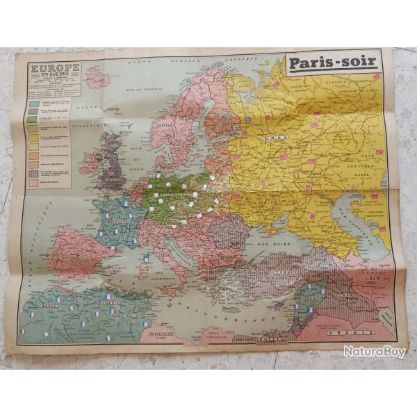 CARTE EUROPE EN GUERRE en 1939 & 1940, Nogravure DESFOSSES pour PARIS-SOIR, drapeaux belligrants