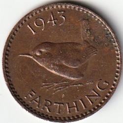 Pièce de Monnaie Angleterre 1 farthing George VI avec "IND:IMP." 1943