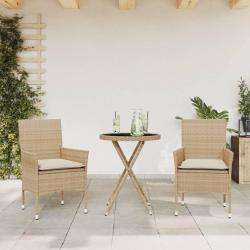 Ensemble de bistro avec coussins 3 pcs beige rotin et verre