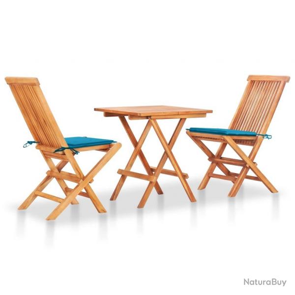Ensemble de bistro 3 pcs avec coussins bleu Bois de teck massif