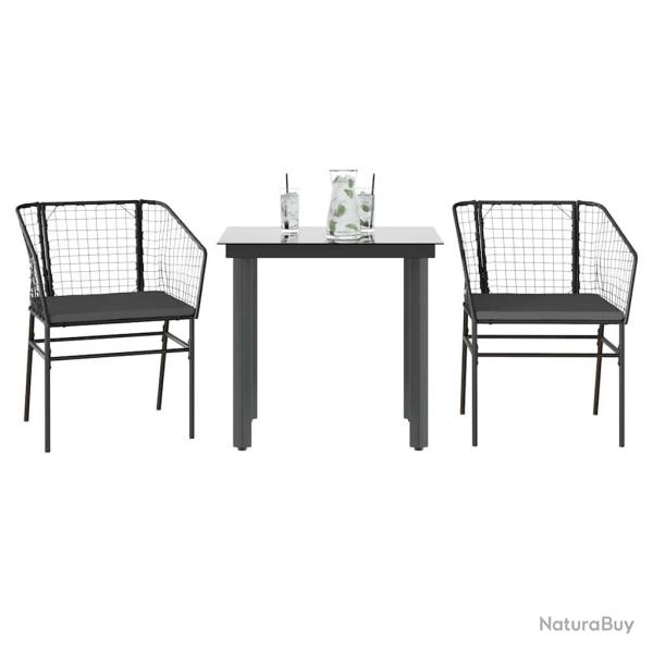 Ensemble  manger de jardin et coussins 3 pcs noir rotin verre