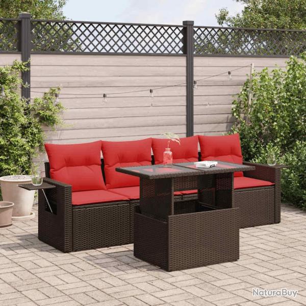 Salon de jardin 5 pcs avec coussins gris rsine tresse acacia