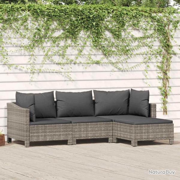 Salon de jardin 4 pcs avec coussins Gris Rsine tresse