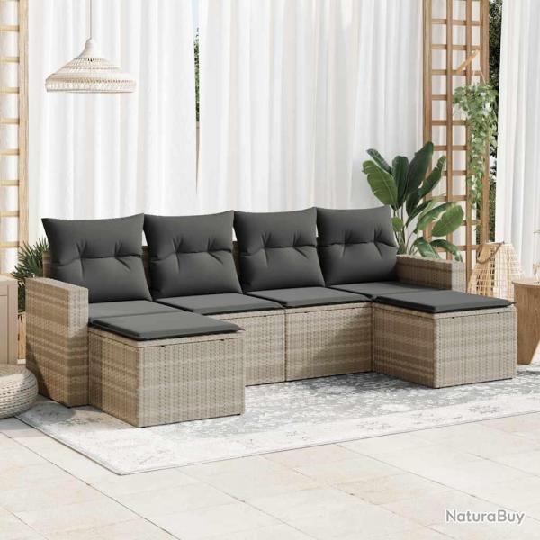Salon de jardin 6 pcs avec coussins gris clair rsine tresse