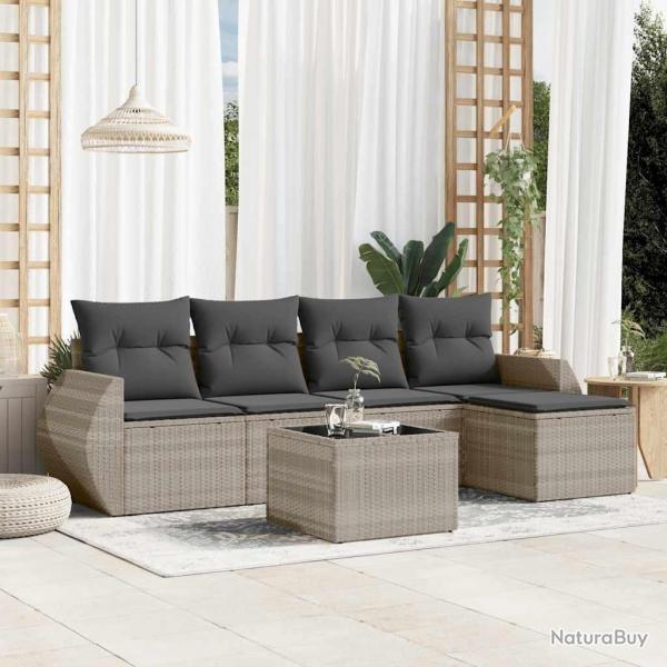 Salon de jardin 6 pcs avec coussins gris clair rsine tresse