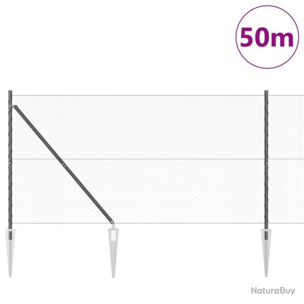 Clture hexagonalegrise 1,2x50 m acier, Poteaux de cltureavec pointe 13 pcs 32 mm 140 cm acier gal