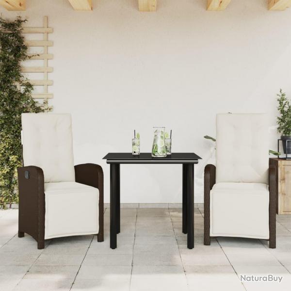 Ensemble de bistro 3 pcs avec coussins marron rsine tresse