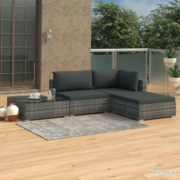 Salon de jardin 4 pcs avec coussins rsine tresse gris
