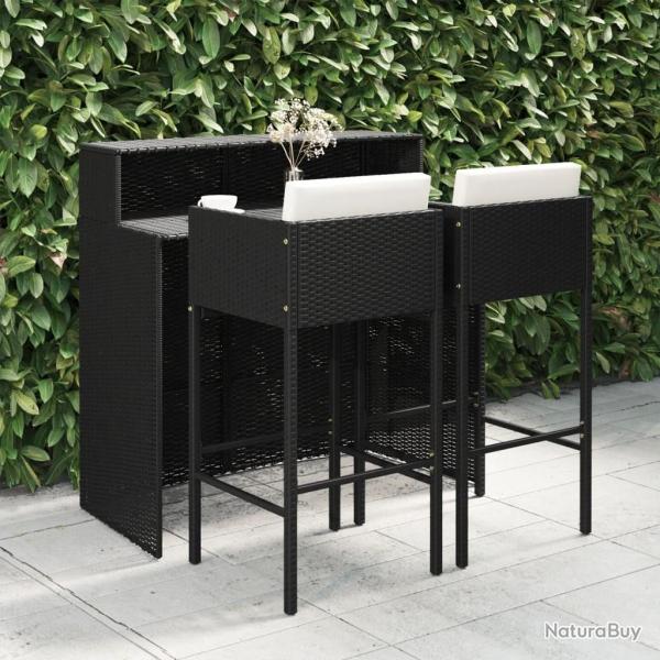 Ensemble de bar de jardin 3 pcs et coussins Rsine tresse Noir